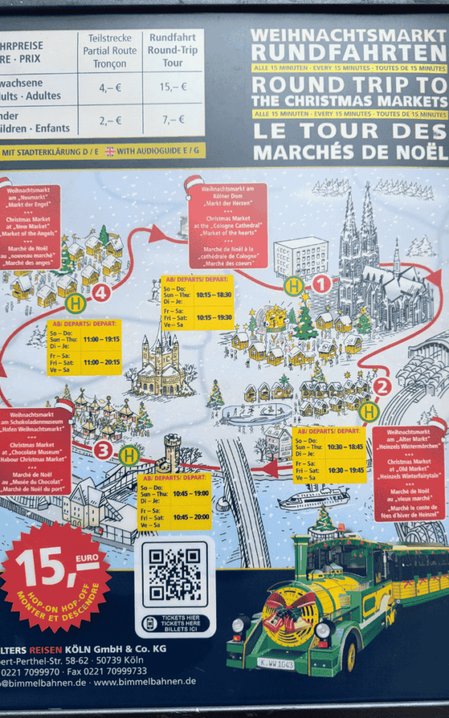 Illustrated map and schedule for the Cologne Christmas Market train route, showing stops at multiple themed markets around the city.