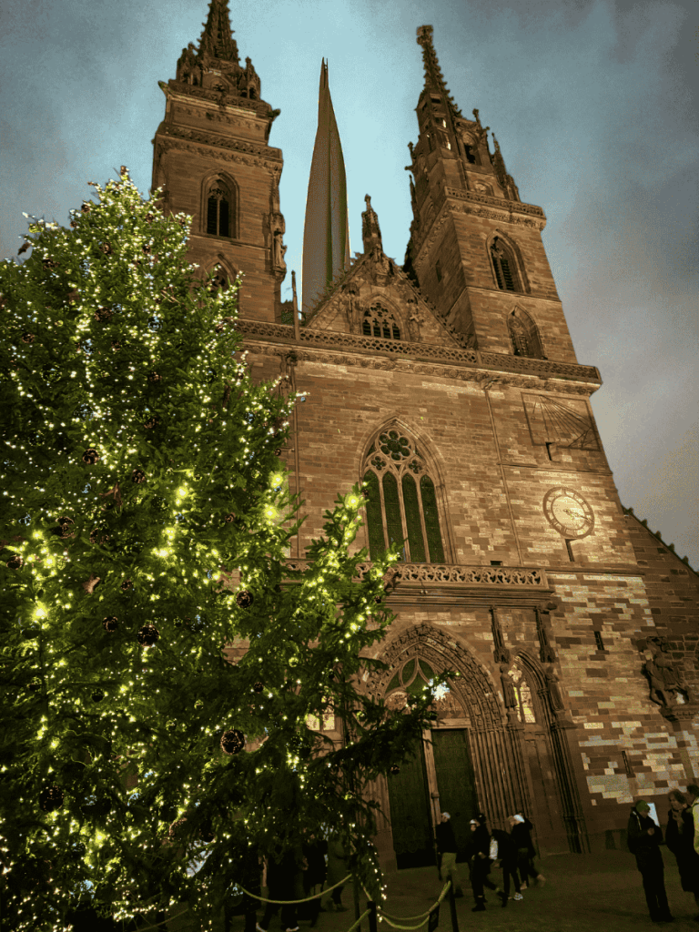 A towering Christmas tree glows in front of the illuminated Basel Minster at night.