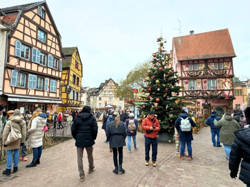 A large Christmas tree stands in a square surrounded by colorful half-timbered houses and holiday shoppers.