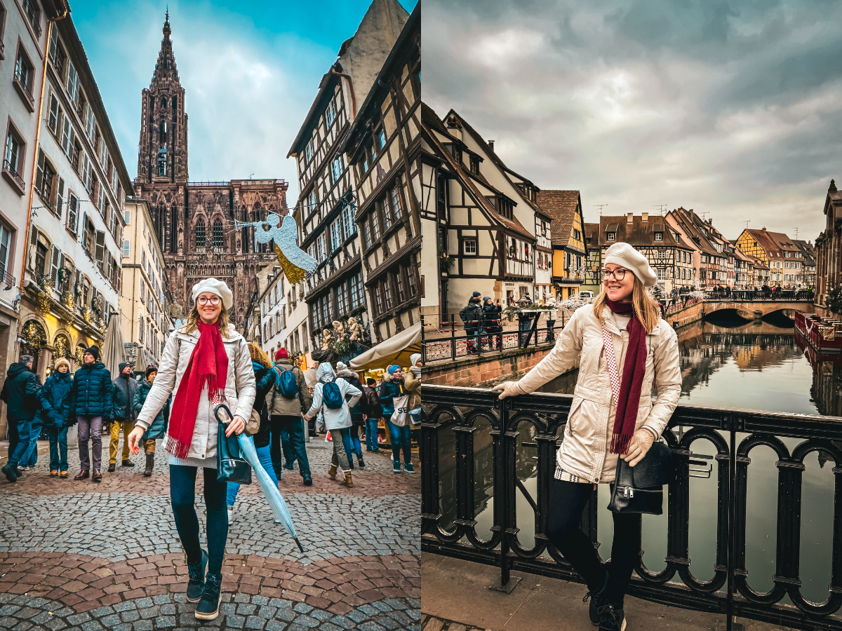 Kate stands in front of Strasbourg Cathedral surrounded by festive crowds (left) and poses by the canals of Colmar with colorful half-timbered houses in the background (right).