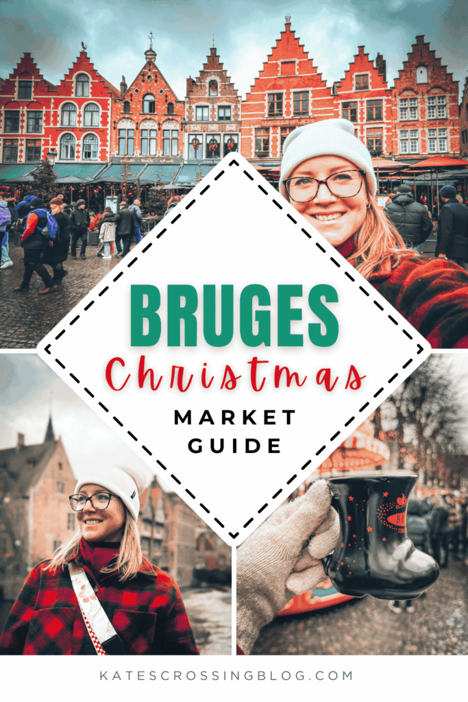 A cheerful banner for the “Bruges Christmas Market Guide” features Kate smiling in front of red-gabled buildings, holding a boot-shaped mug, and walking along the canal.