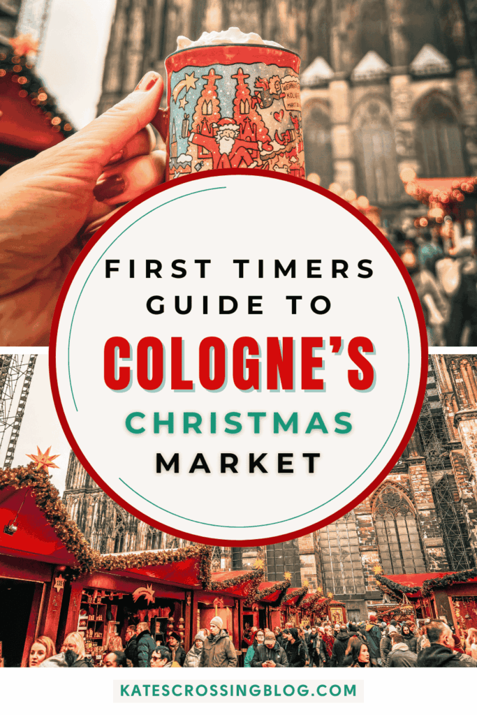 A vibrant graphic for “Cologne’s Christmas Market” displays a festive illustrated mug, bustling red-roofed stalls, and Cologne Cathedral in the background.