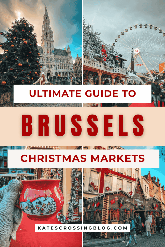 A colorful collage for the “Ultimate Guide to Brussels Christmas Markets” features a giant tree in Grand Place, a festive Ferris wheel, a red holiday mug, and decorated wooden stalls.