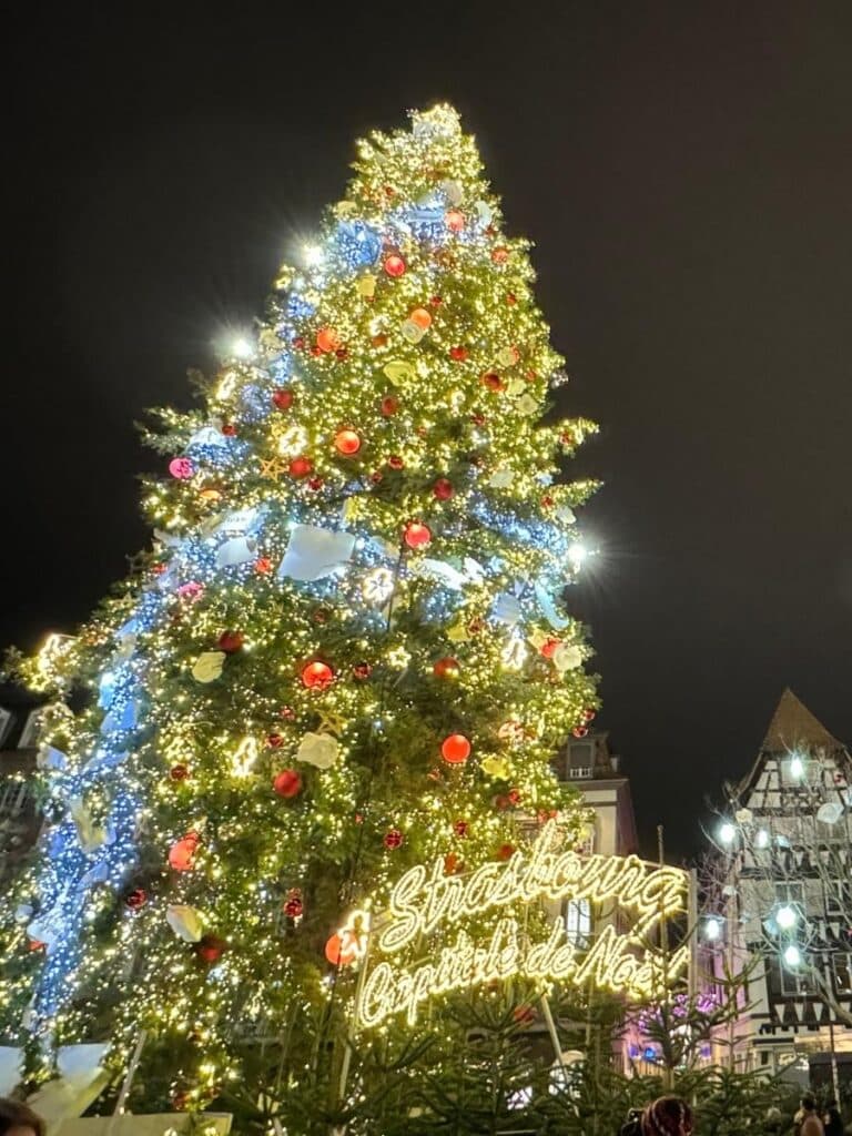 Strasbourg’s iconic Christmas tree glows at night with sparkling lights and a bright “Strasbourg Capitale de Noël” sign at its base.