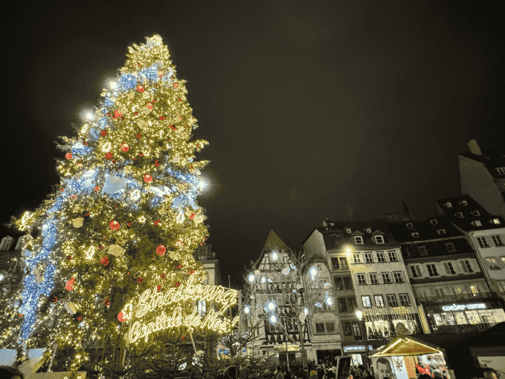Aerial view of Strasbourg’s festive Christmas market with glowing wooden stalls and a carousel surrounded by historic buildings.

You said:
She Knows Alt Text said:

A massive Christmas tree covered in golden lights and red ornaments glows in Strasbourg’s main square at night.