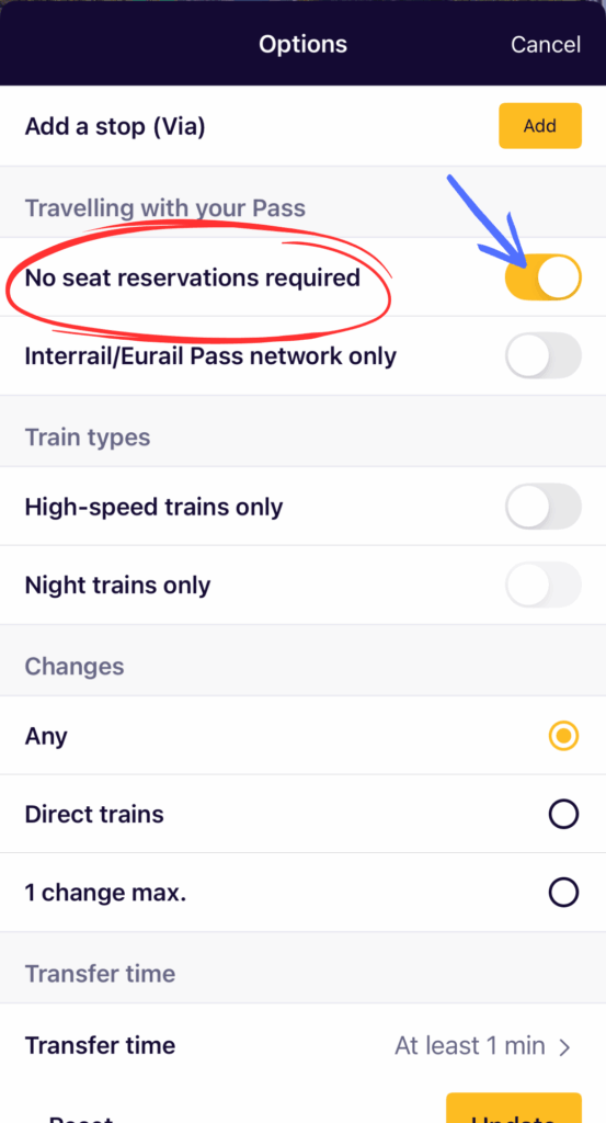 Screenshot of the Eurail app’s filter options with the “No seat reservations required” toggle switched on, emphasized with a red circle and a blue arrow.