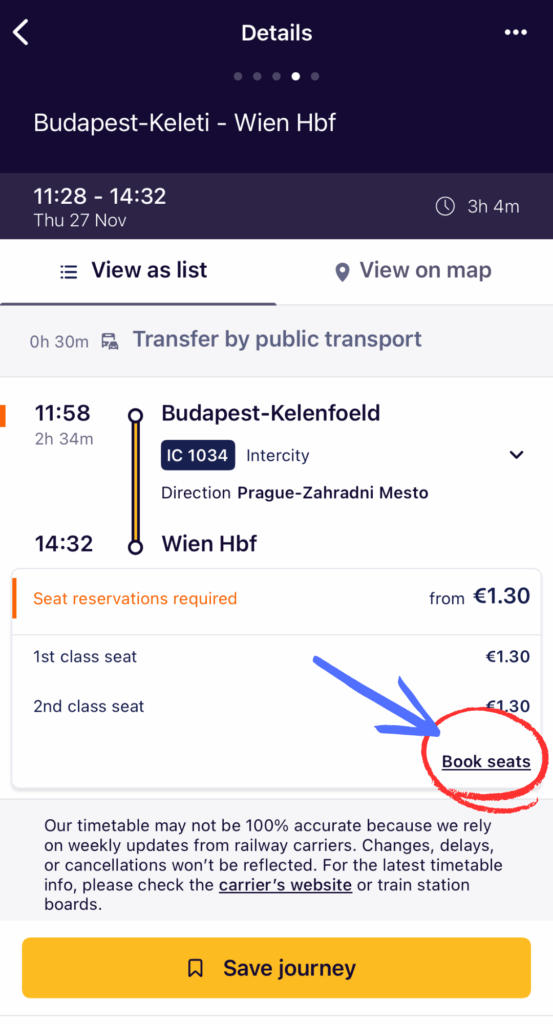 Screenshot of a Eurail journey showing seat reservation prices and a “Book seats” link highlighted with a red circle and blue arrow.
