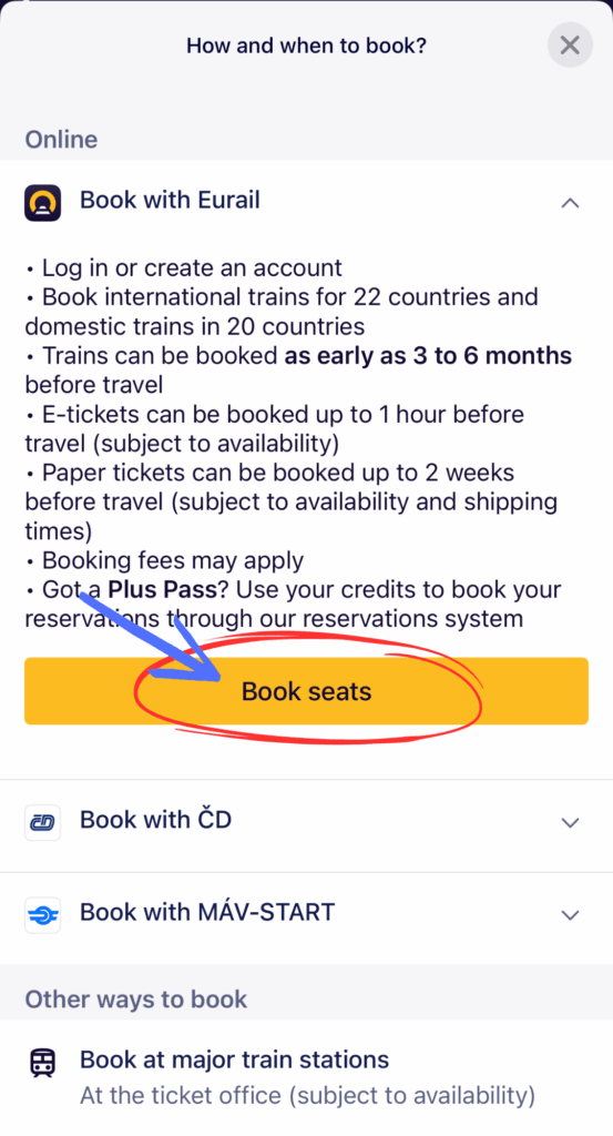 Screenshot of the Eurail app's seat reservation info panel showing booking options and a yellow “Book seats” button circled in red and pointed to with a blue arrow.