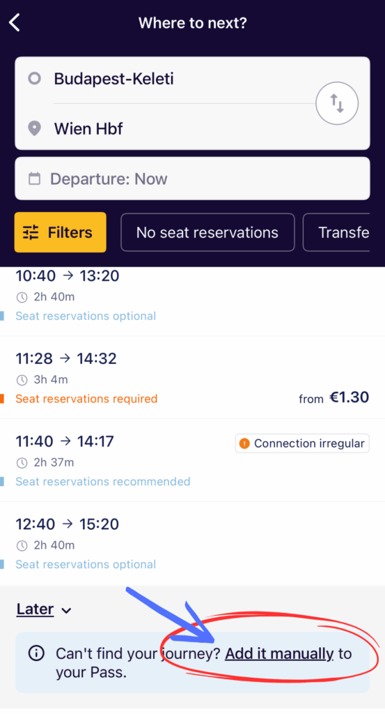Screenshot of the Eurail app’s journey planner showing train options with a red circle and blue arrow highlighting the “Add it manually” link for missing journeys.
