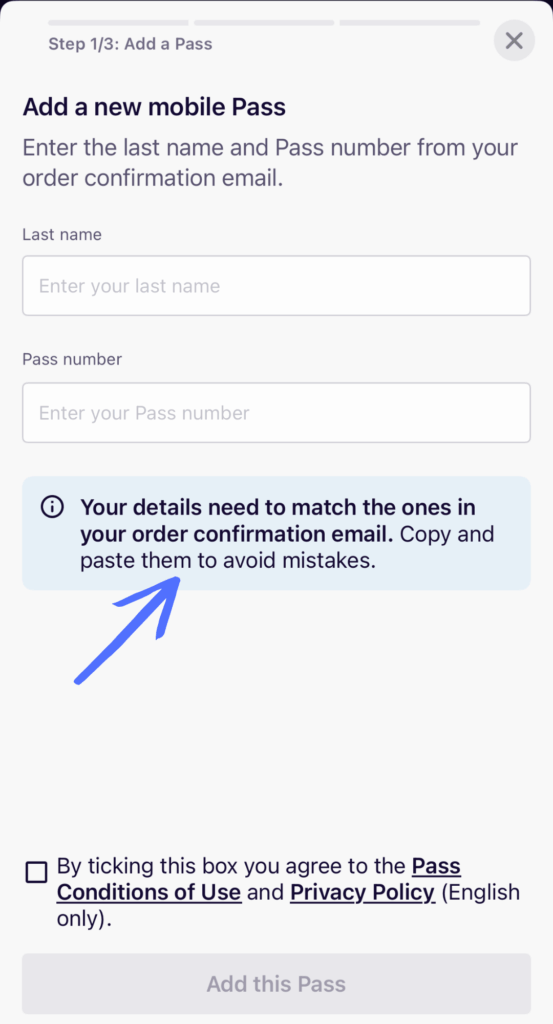 Screenshot of the Eurail app’s “Add a new mobile Pass” screen prompting users to enter their last name and pass number, with a blue arrow pointing to a reminder that details must match the order confirmation email.