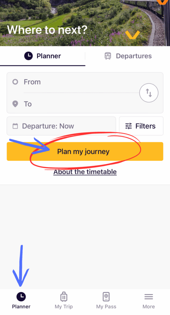 Screenshot of the Eurail app’s trip planner screen showing fields for departure and destination, with the yellow “Plan my journey” button circled in red and pointed to with a blue arrow.