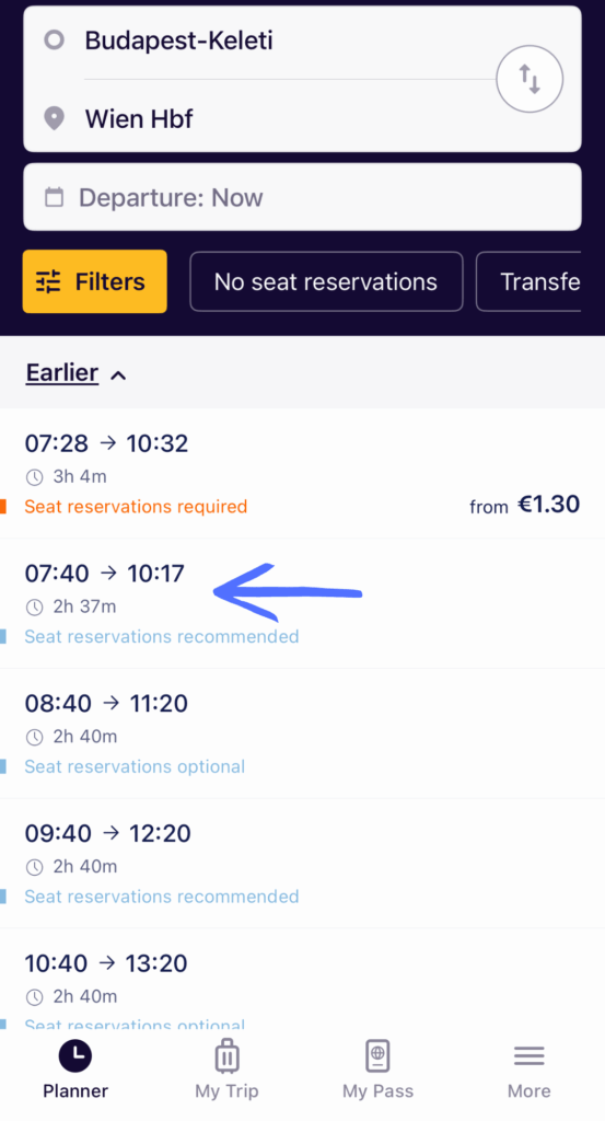 Screenshot of the Eurail app showing multiple train options.