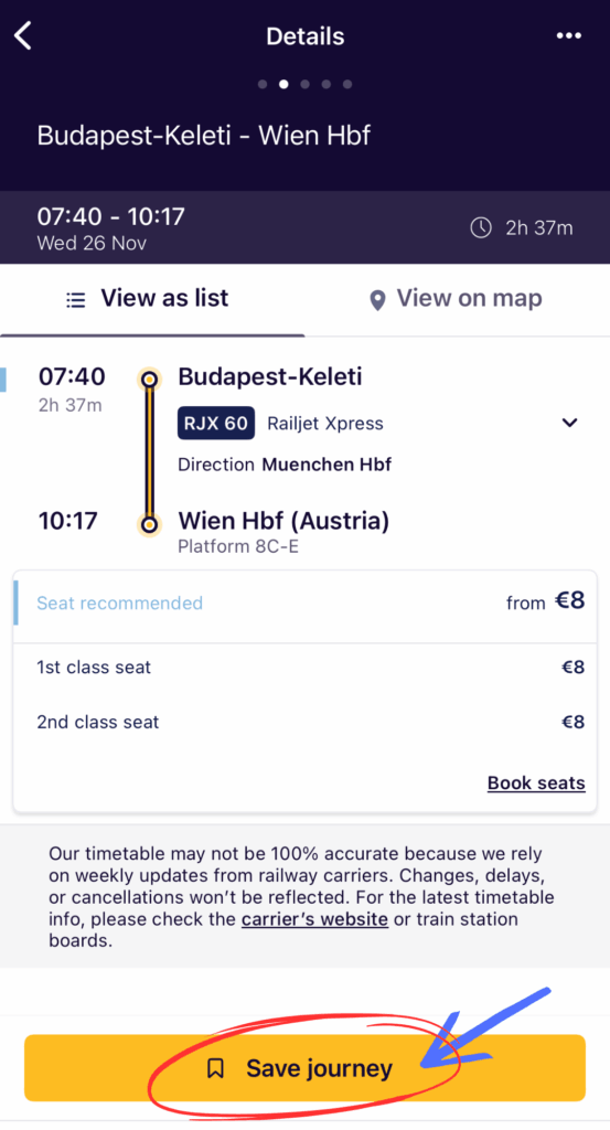Train details screen with a red circle and blue arrow pointing to the yellow “Save journey” button.