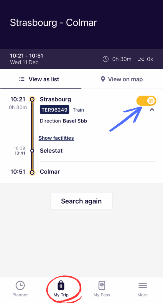 Screenshot of a saved journey in the Eurail app from Strasbourg to Colmar showing the activation toggle switched on for train.