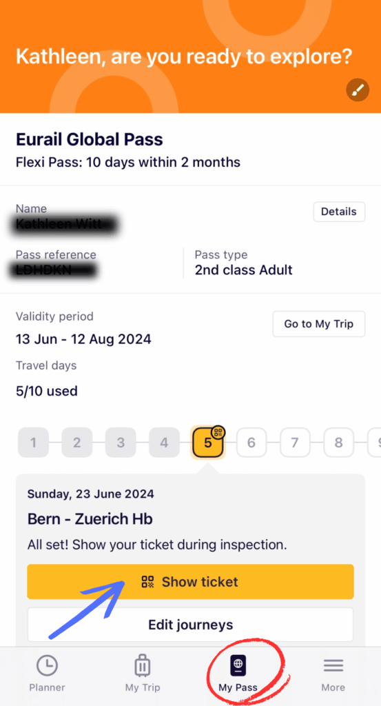 Screenshot of the Eurail app's “My Pass” section showing a Eurail Global Pass with five travel days used and a yellow “Show ticket” button for a journey highlighted with a blue arrow and red circle.