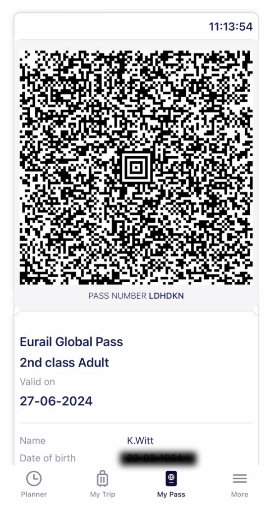 Screenshot of a digital Eurail Global Pass displaying a large QR code