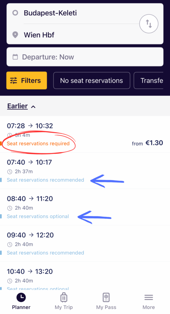 Screenshot of Eurail route options showing different seat reservation statuses, with one marked “Seat reservations required” in red and two others marked as “recommended” or “optional” highlighted with blue arrows.