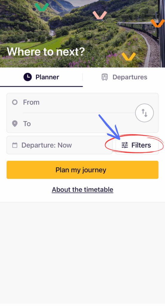 Screenshot of the Eurail trip planner screen with a mountain train backdrop, highlighting the “Filters” button next to the departure time field using a red circle and blue arrow.