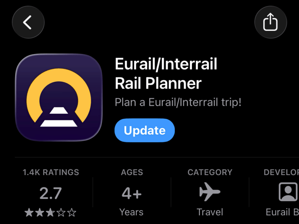Screenshot of the Eurail/Interrail Rail Planner app listing in the App Store, showing a 2.7-star rating, a blue update button, and details like age rating and developer.