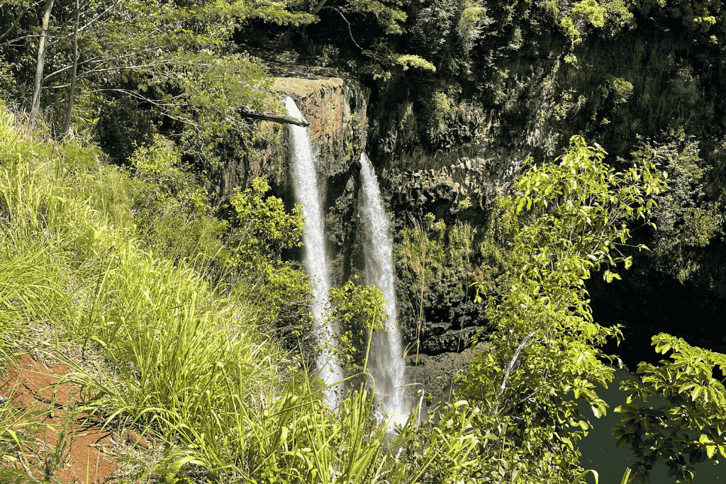 Twin streams of Wailua Falls cascade down a rugged cliffside into a lush, green jungle basin on the island of Kauai.