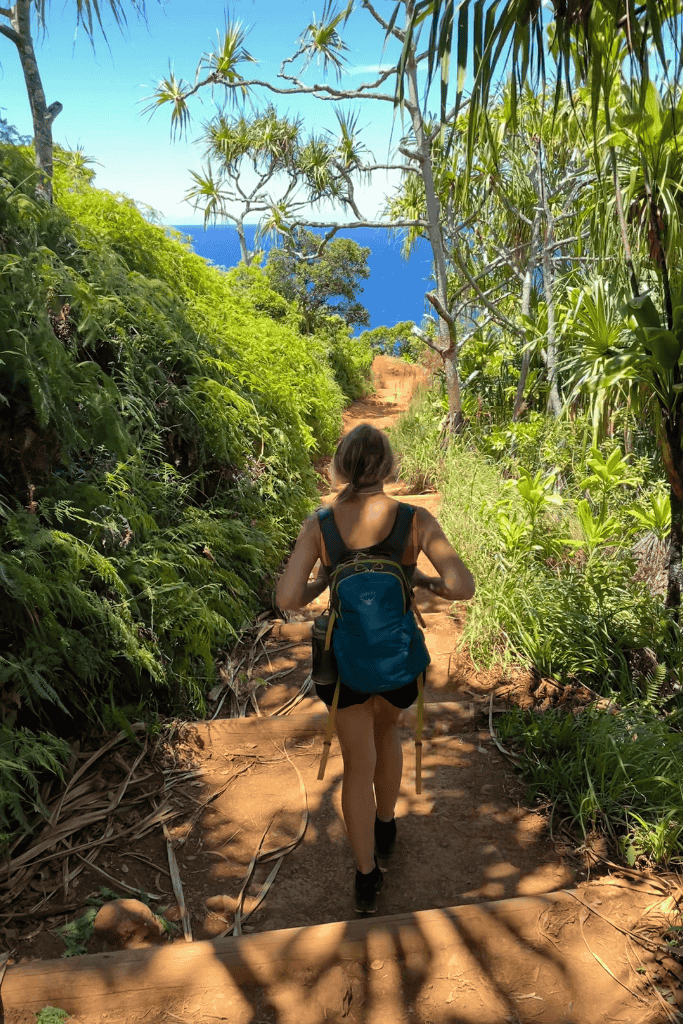 Kate hikes downhill through lush greenery with the deep blue ocean visible in the distance along the Kalalau Trail in Kauai.