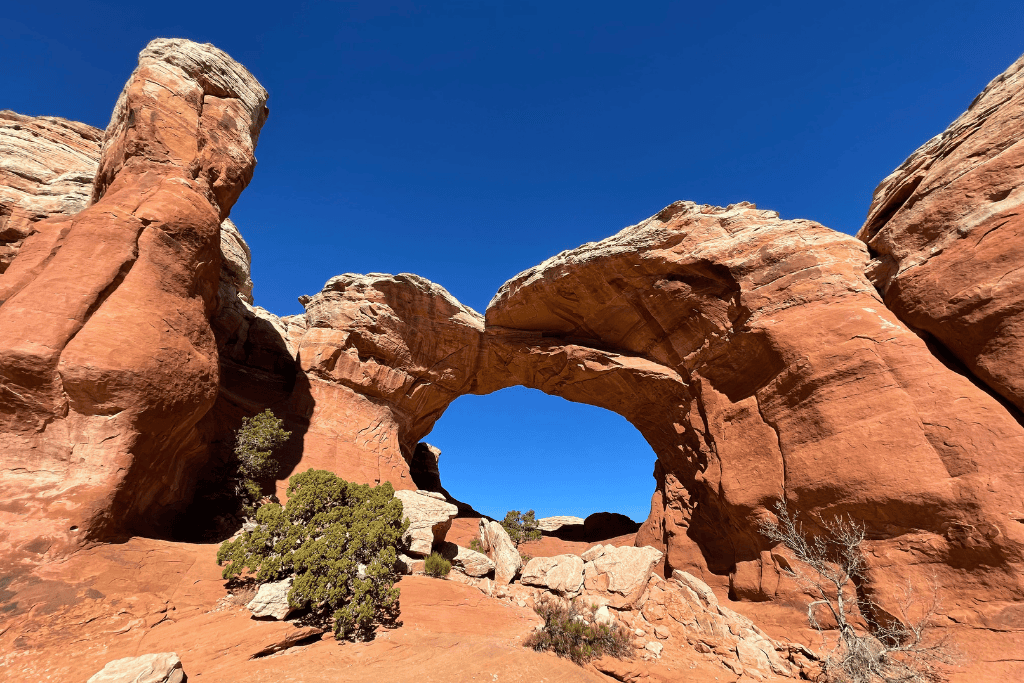 Broken Arch in Arches National Park stands tall under a vivid blue sky, with weathered red rock and scattered desert vegetation in the foreground.