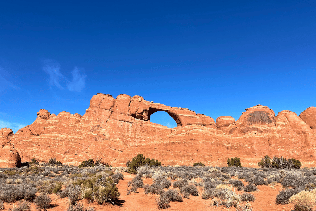 A distant view of Skyline Arch perched high in a red rock wall, surrounded by desert shrubs and under a vibrant blue sky in Arches National Park.