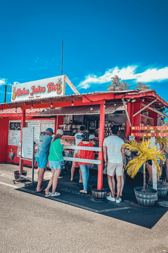 A group of people lines up at the bright red Aloha Juice Bar in Hanalei, Kauai, under a sunny sky, with smoothie menus and fresh fruit signs displayed on the stand.