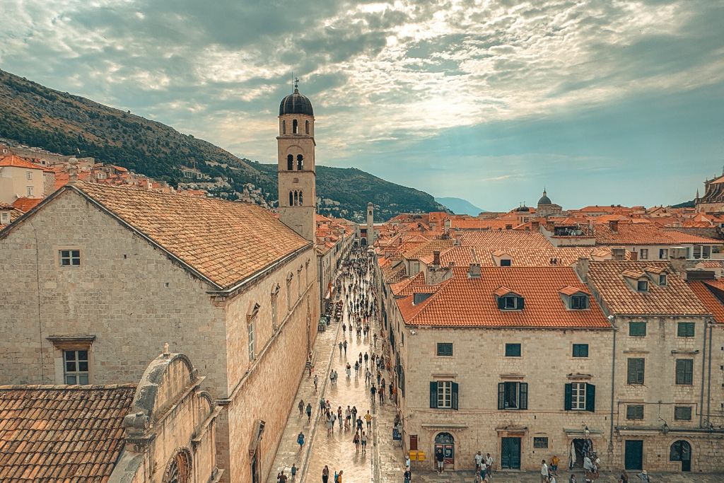 View of Stradun Street and Dubrovnik's old town from the wall above the city.