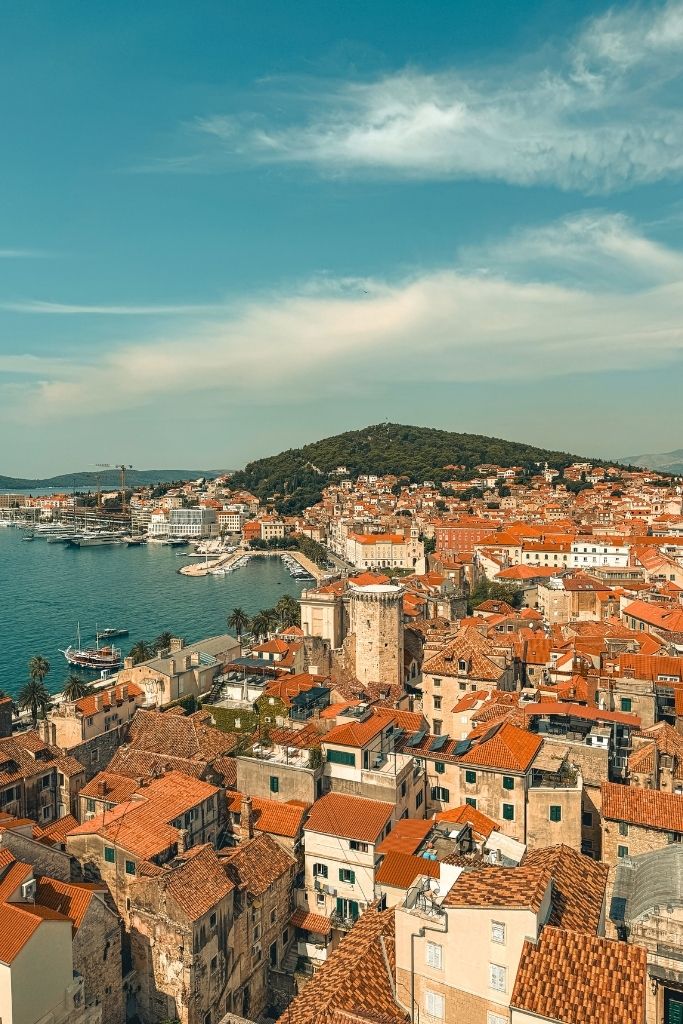 View of the red roofed stone buildings of Old Town Split Below.
