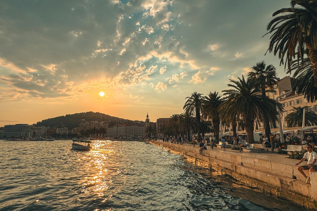 View out over the marina of Split as the sun is setting and the sky is gold, reflecting off the water. Palm trees line the marina.