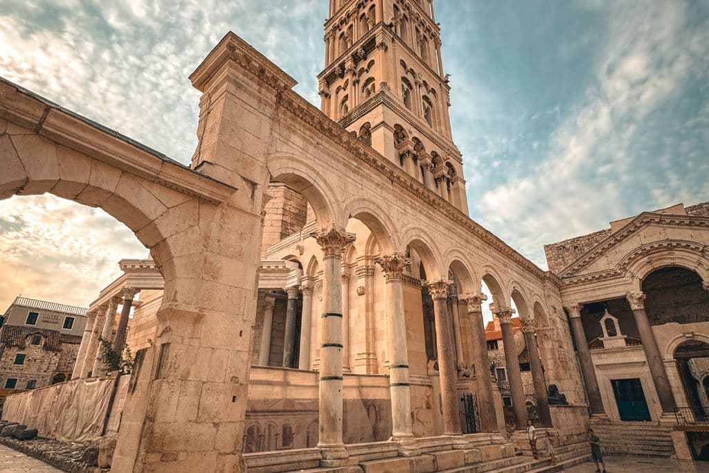 The pillars and bell tower of Diocletian's Palace in Split Croatia in the early morning with no visitors.