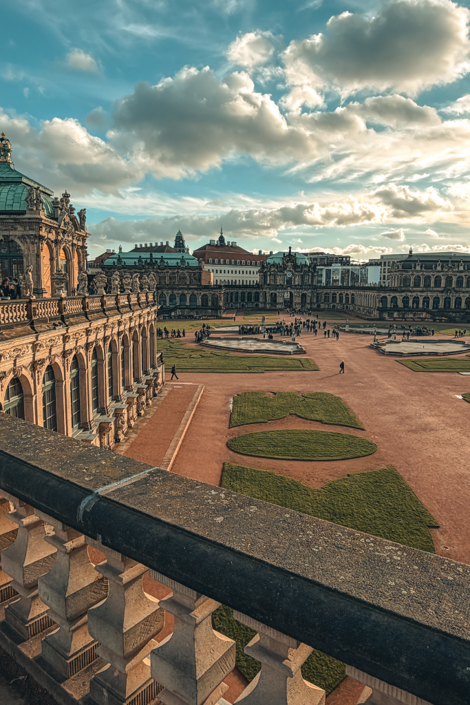 A sweeping view across the courtyards and ornate Baroque architecture of Dresden’s Zwinger Palace, one of the city’s most impressive historic landmarks.