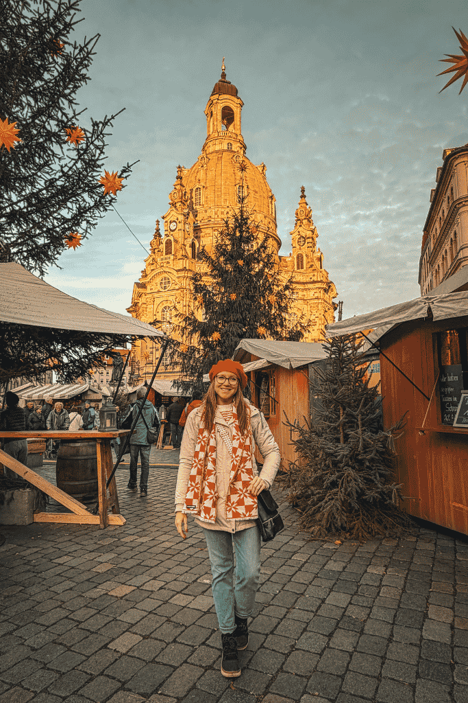 Christmas in Dresden feels especially magical around the Frauenkirche, where festive market stalls, twinkling stars, and evergreen trees fill the historic Neumarkt.
