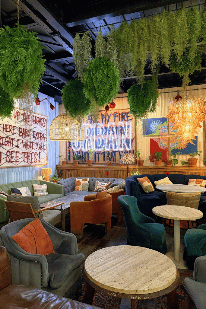 A colorful hotel lounge has cozy sofas and chairs, hanging green plants, bright artwork, and warm lighting.