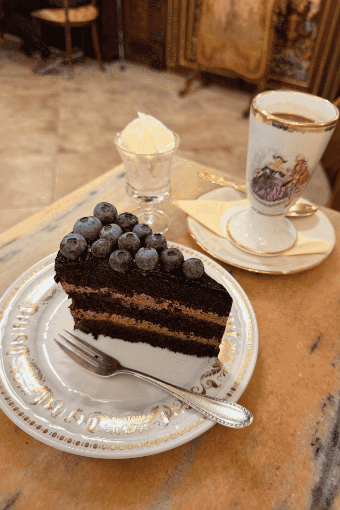 Alt text: Historic European café with an ornate frescoed ceiling, dark wood counters, glass pastry displays, and a barista behind the counter.

Alt text: Slice of chocolate layer cake topped with blueberries, served with whipped cream and coffee on an ornate porcelain plate.