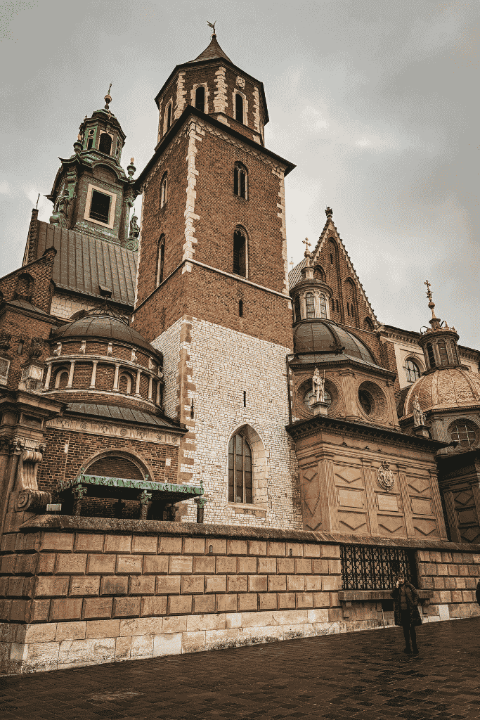 The historic exterior of Wawel Cathedral at Wawel Castle in Krakow, Poland.