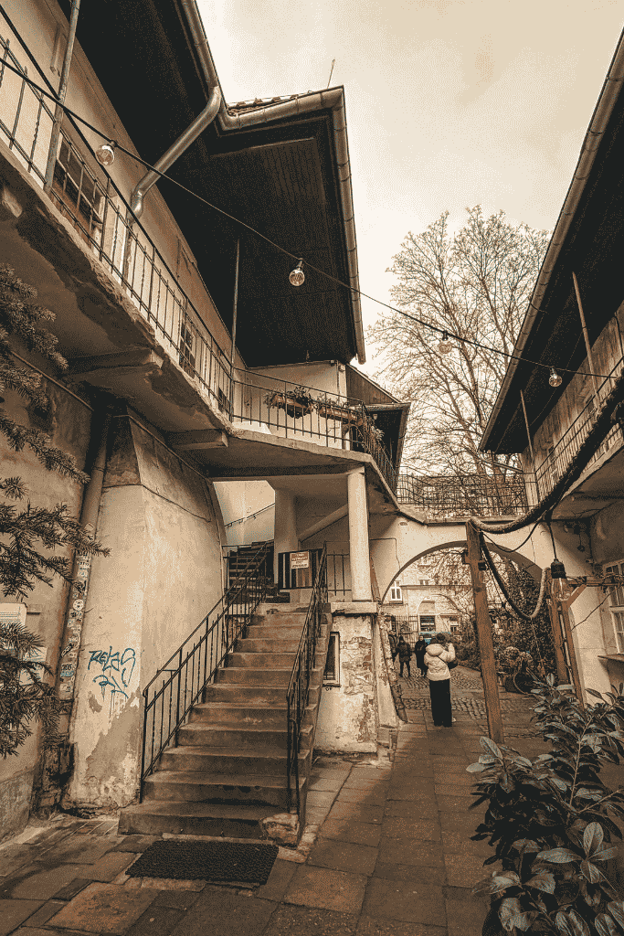 A historic courtyard in Krakow’s Kazimierz Jewish Quarter, one of the filming locations used in Schindler’s List.