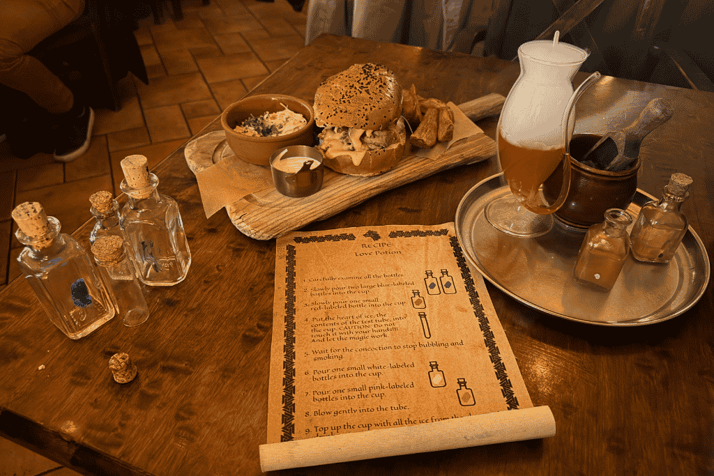 Medieval-themed meal with a burger, fries, and an interactive “love potion” drink at Tawerna Wilczy Dół in Krakow.
