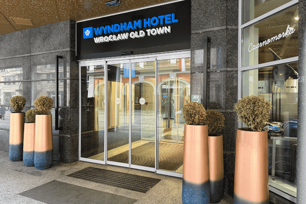 Entrance to the Wyndham Hotel Wroclaw Old Town in Wroclaw, Poland.
