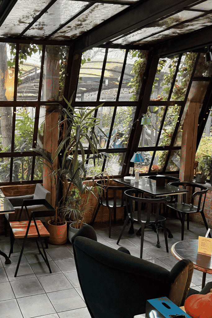 Cozy greenhouse-style café in Wroclaw with large glass windows, lush plants, and intimate seating.