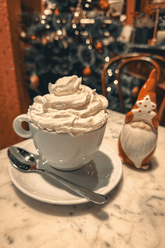 Cup of hot chocolate topped with whipped cream beside a festive ceramic gnome and Christmas tree in a cozy Wroclaw café.