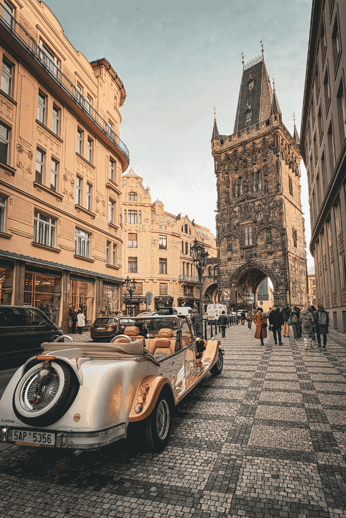 Powder Tower rising above a cobblestone street in Prague Old Town, with a vintage convertible parked in the foreground.