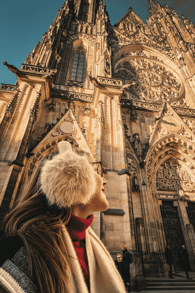 Admiring the soaring Gothic details of St. Vitus Cathedral, one of the most breathtaking landmarks within Prague Castle.