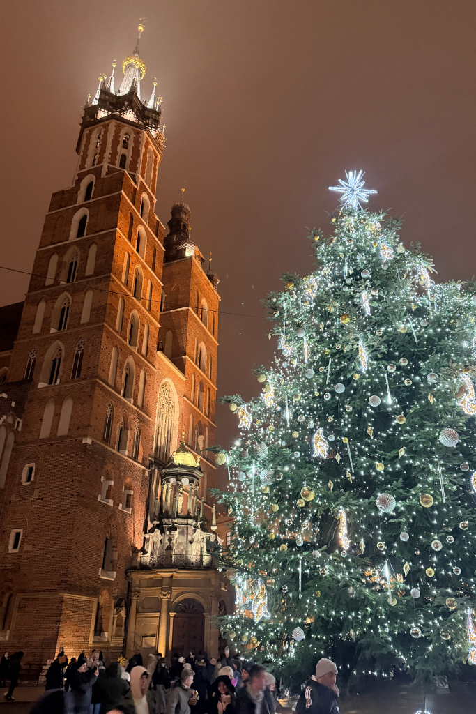 St. Mary’s Basilica and a brightly lit Christmas tree in Krakow’s Main Market Square at night.