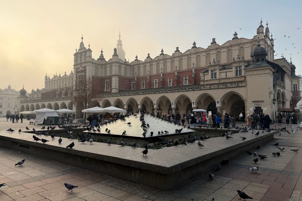 Krakow’s historic Cloth Hall in Main Market Square with pigeons gathered around the fountain.