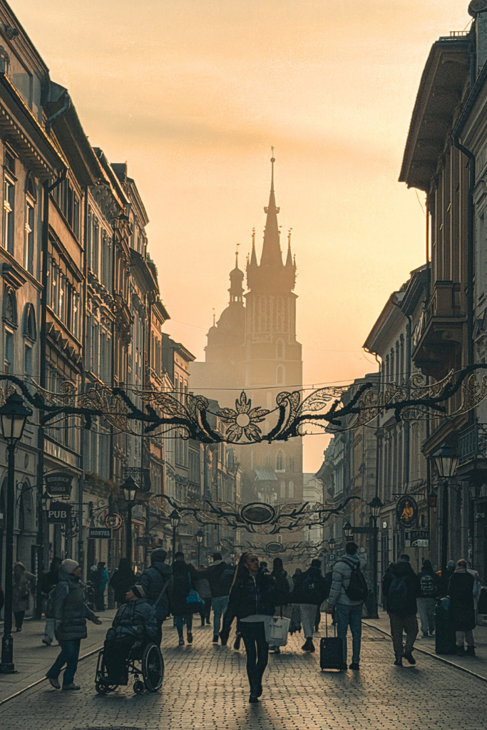 Krakow’s historic Old Town street decorated for Christmas with St. Mary’s Basilica in the distance.