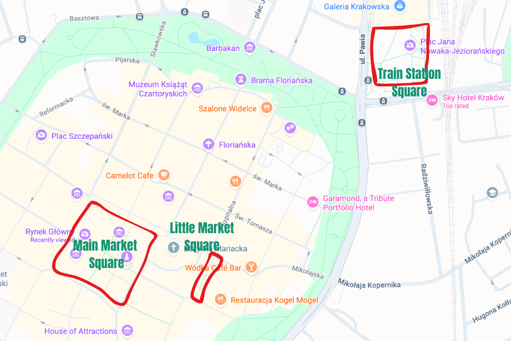 Map of Krakow showing the locations of the Main Market Square, Little Market Square, and Train Station Square Christmas markets.