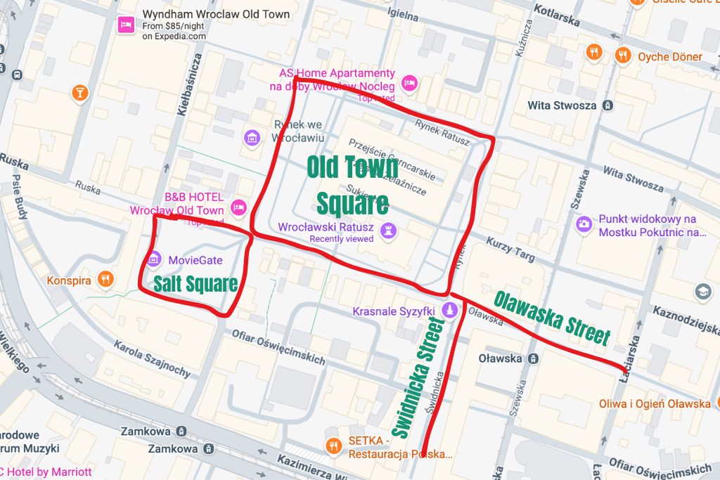 Map of Wroclaw Christmas Market locations highlighting Old Town Square, Salt Square, Świdnicka Street, and Oławska Street in Wroclaw, Poland.
