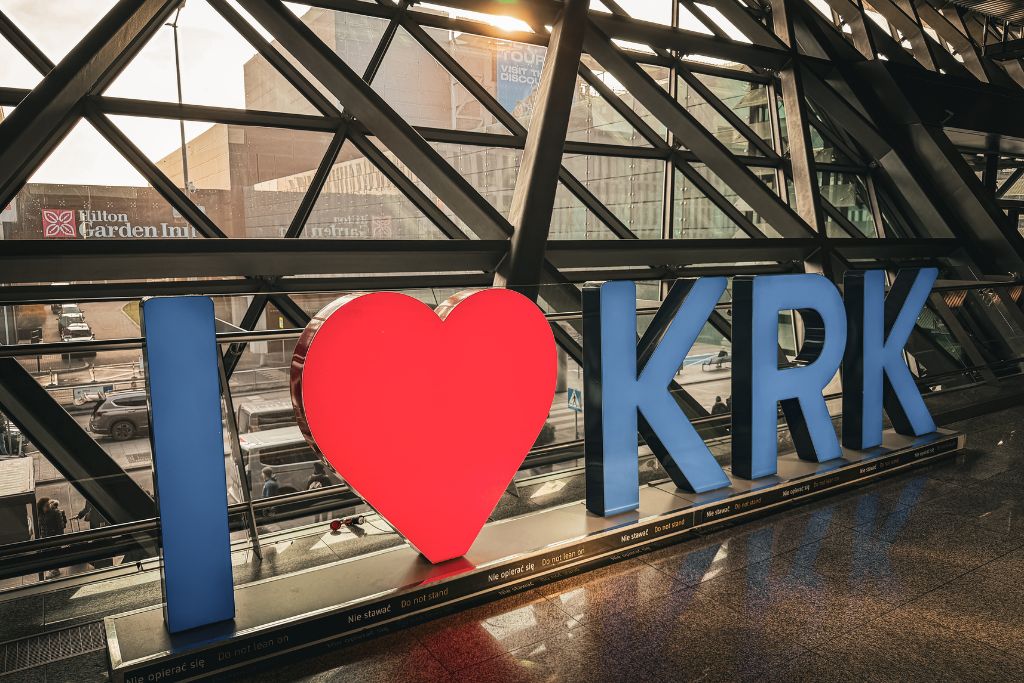 I Love Krakow sign inside Krakow Airport in Poland.